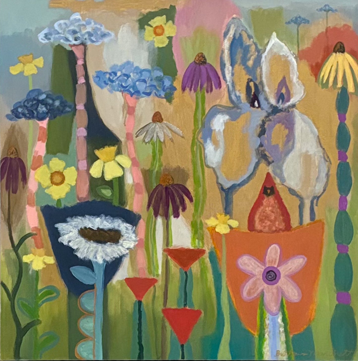 Poppies & Wildflowers - Blue Hydrangeas & Red Bird