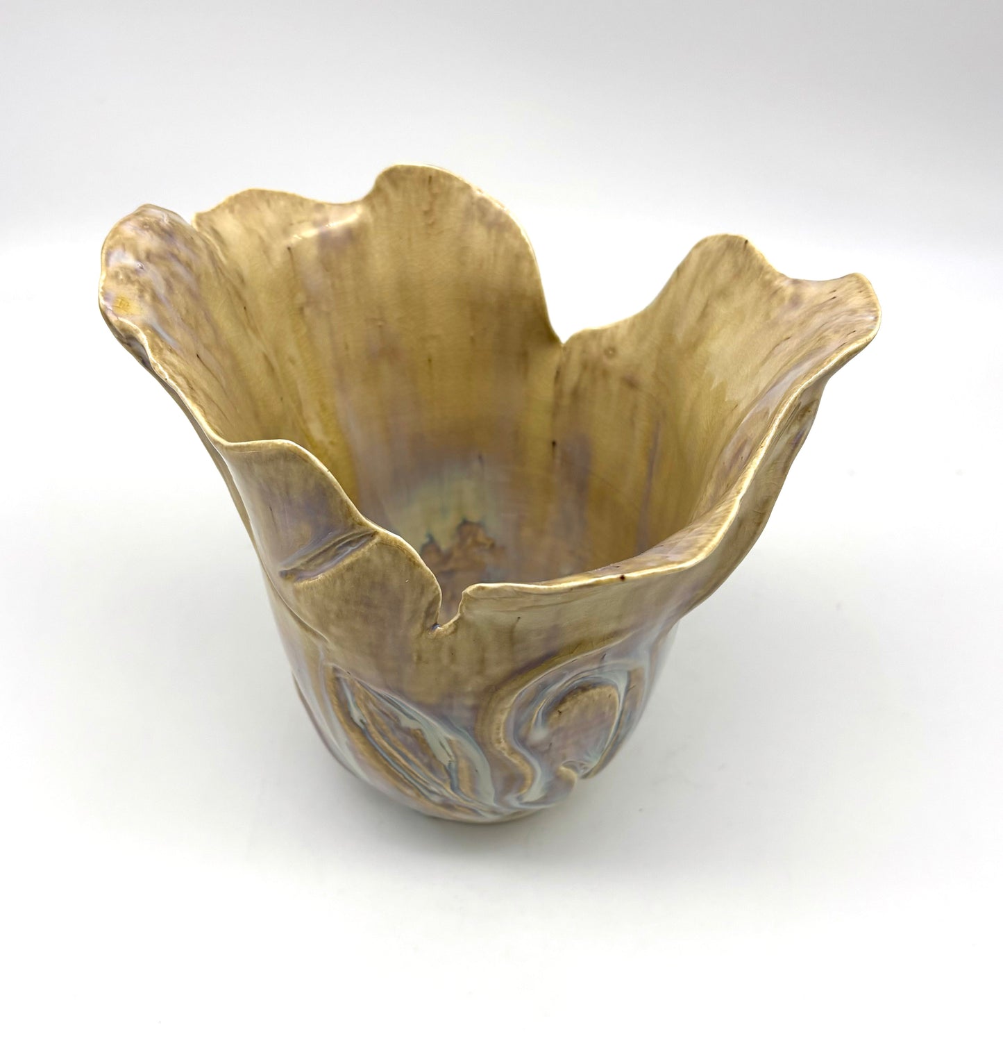 Honey Celadon Glaze Medium Carved Vase With Fluted Edge