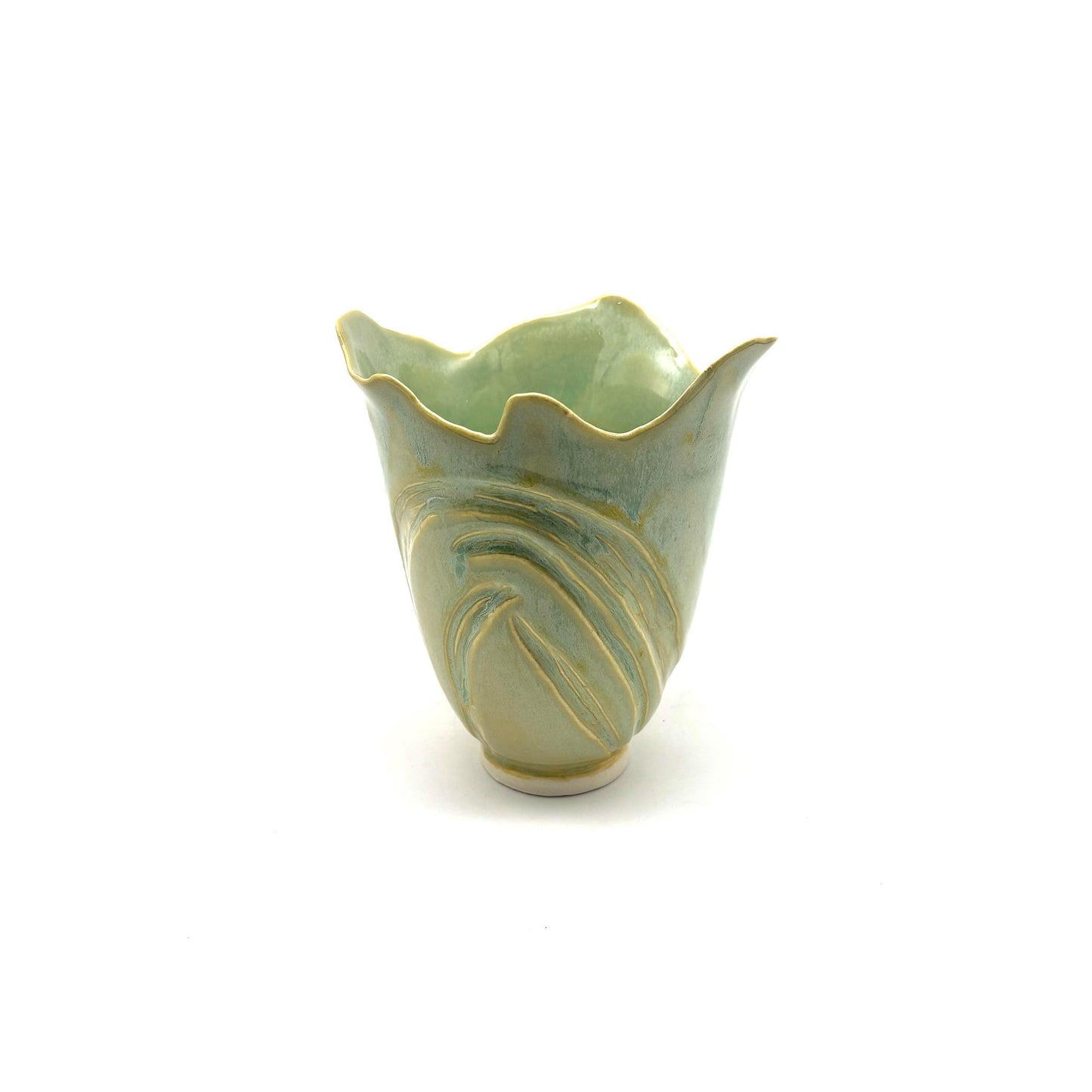 Light Green Carved Vase With Fluted Edge