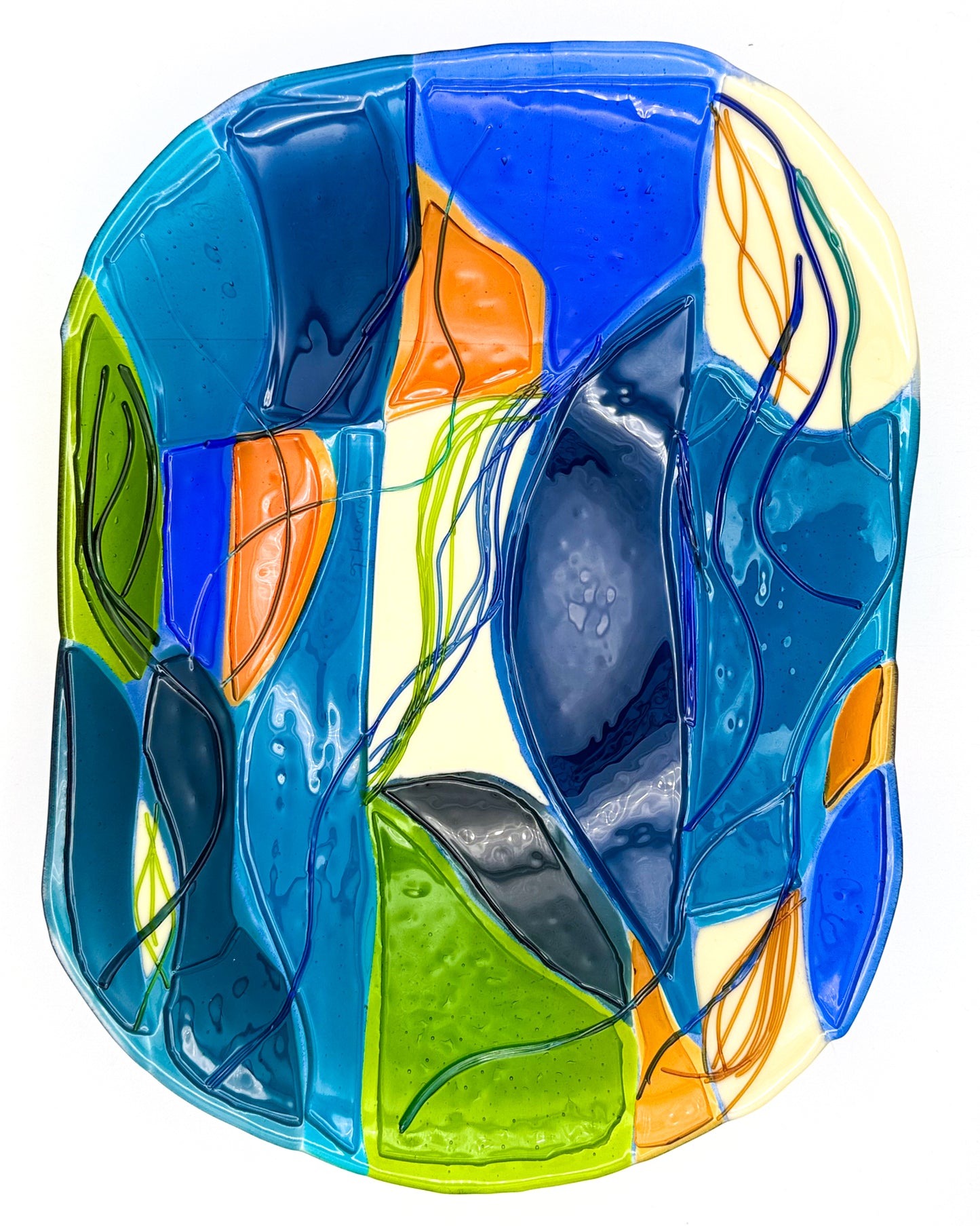 Abstract Fused Glass Tray -Turquoise/Amber/Ultramarine