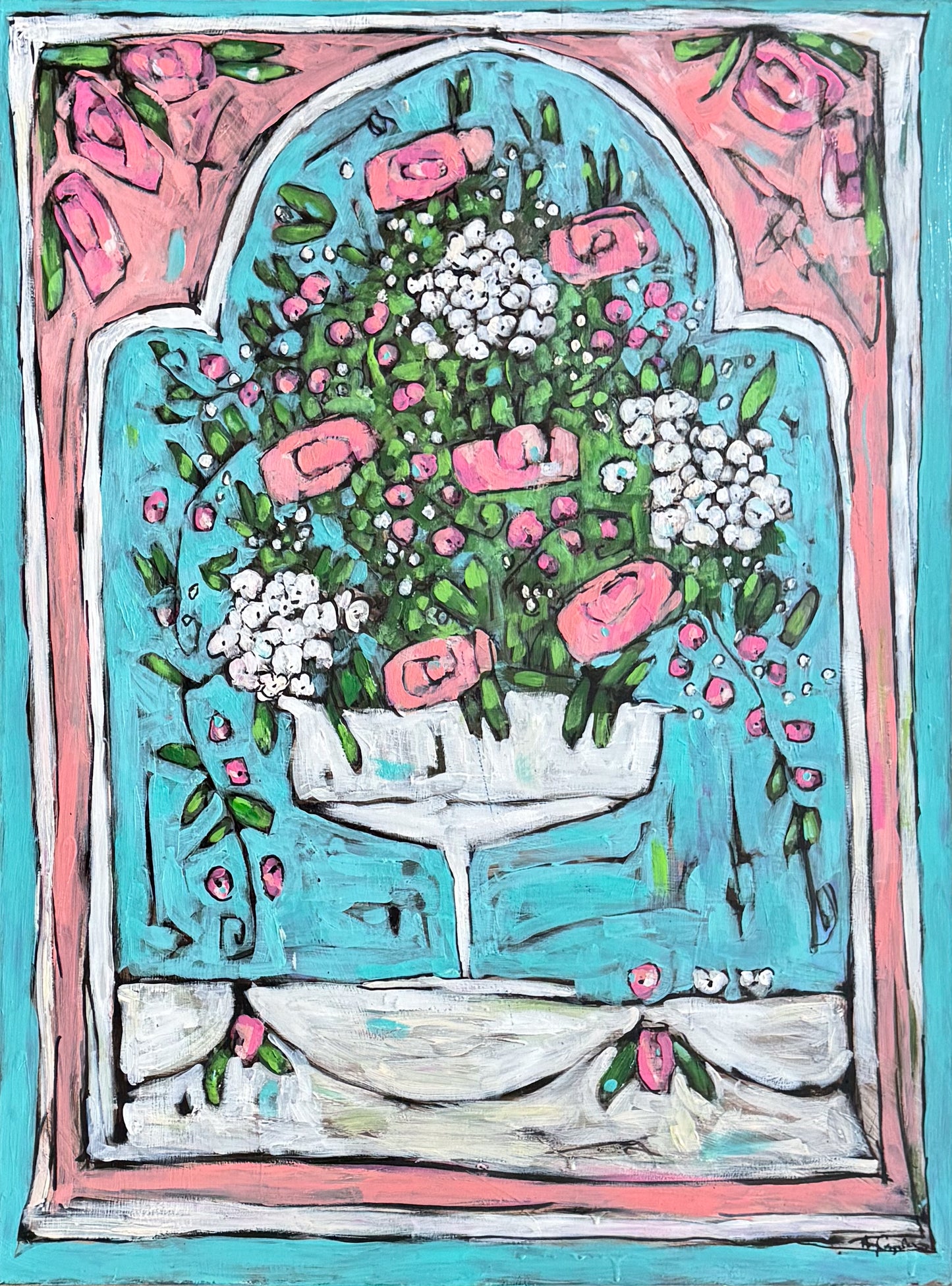 Nature: Reframed - White Hydrangea, Pink Roses in Compote