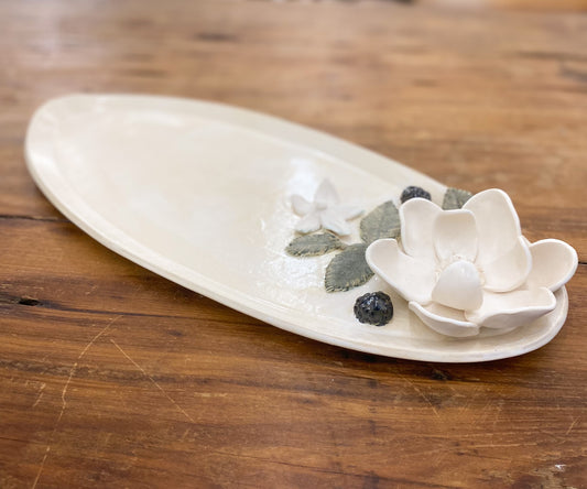 A In Full Bloom Series - Magnolia and Dewberry Bramble Oval Platter - Small