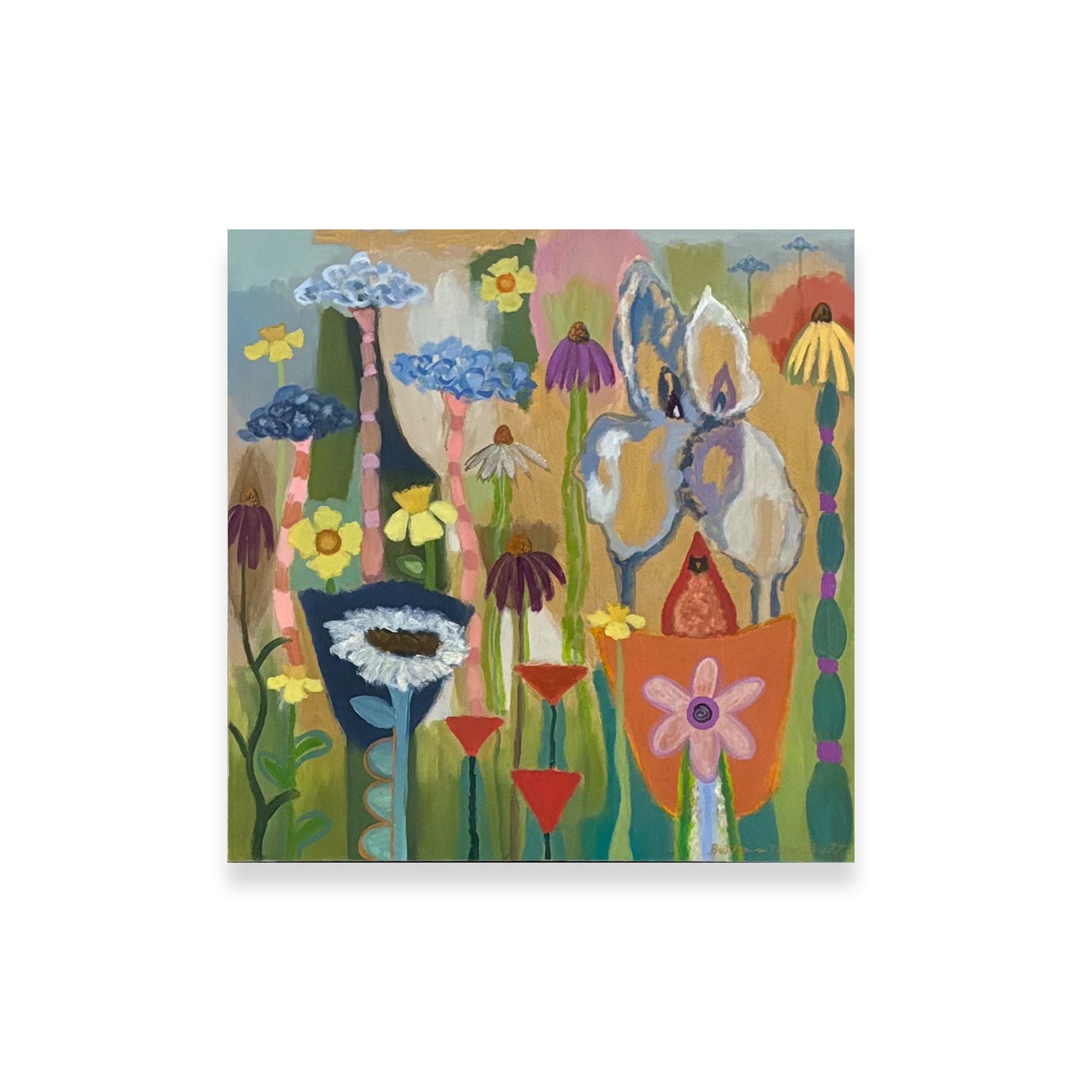 Poppies & Wildflowers - Blue Hydrangeas & Red Bird
