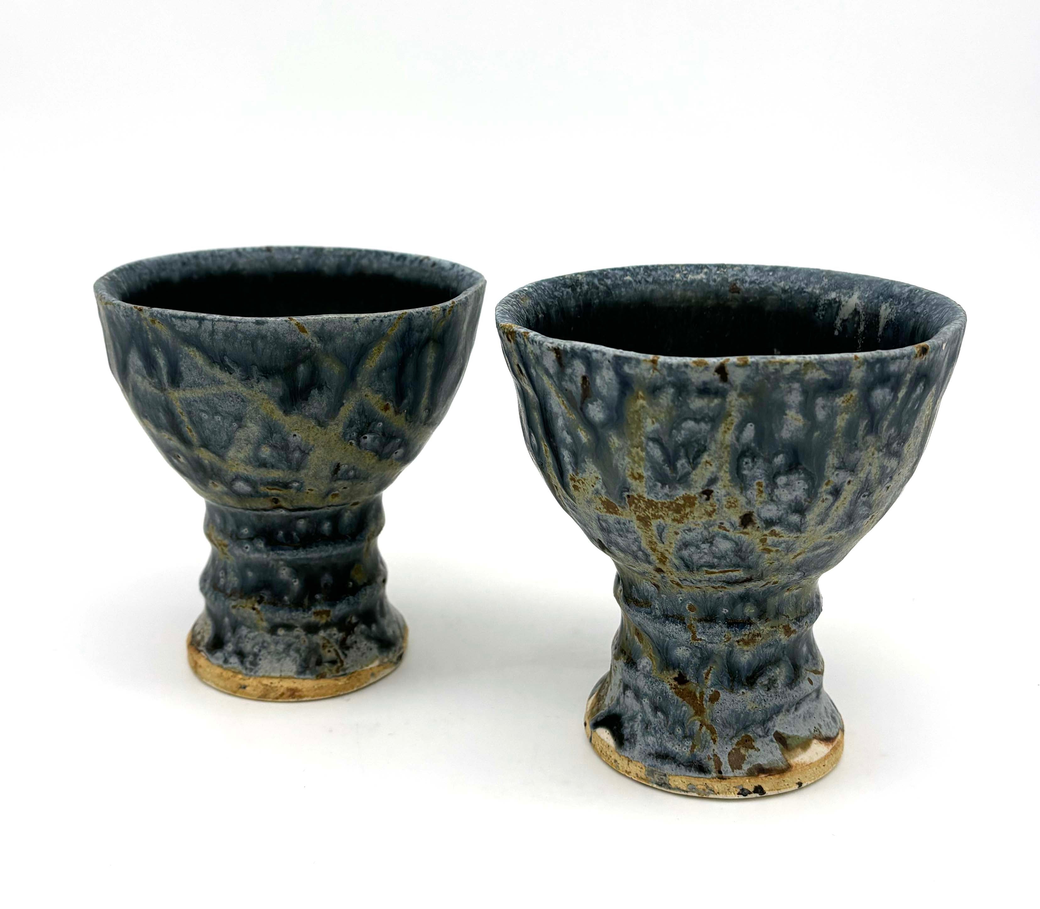 Store Set of 3 Cool Artisan Pottery Blue/ Grey Whale Tail Wine/Water Goblet by Doug Wylie, Ronnie’s Ceramics~1980’s~Glossy~Lead Free Glaze