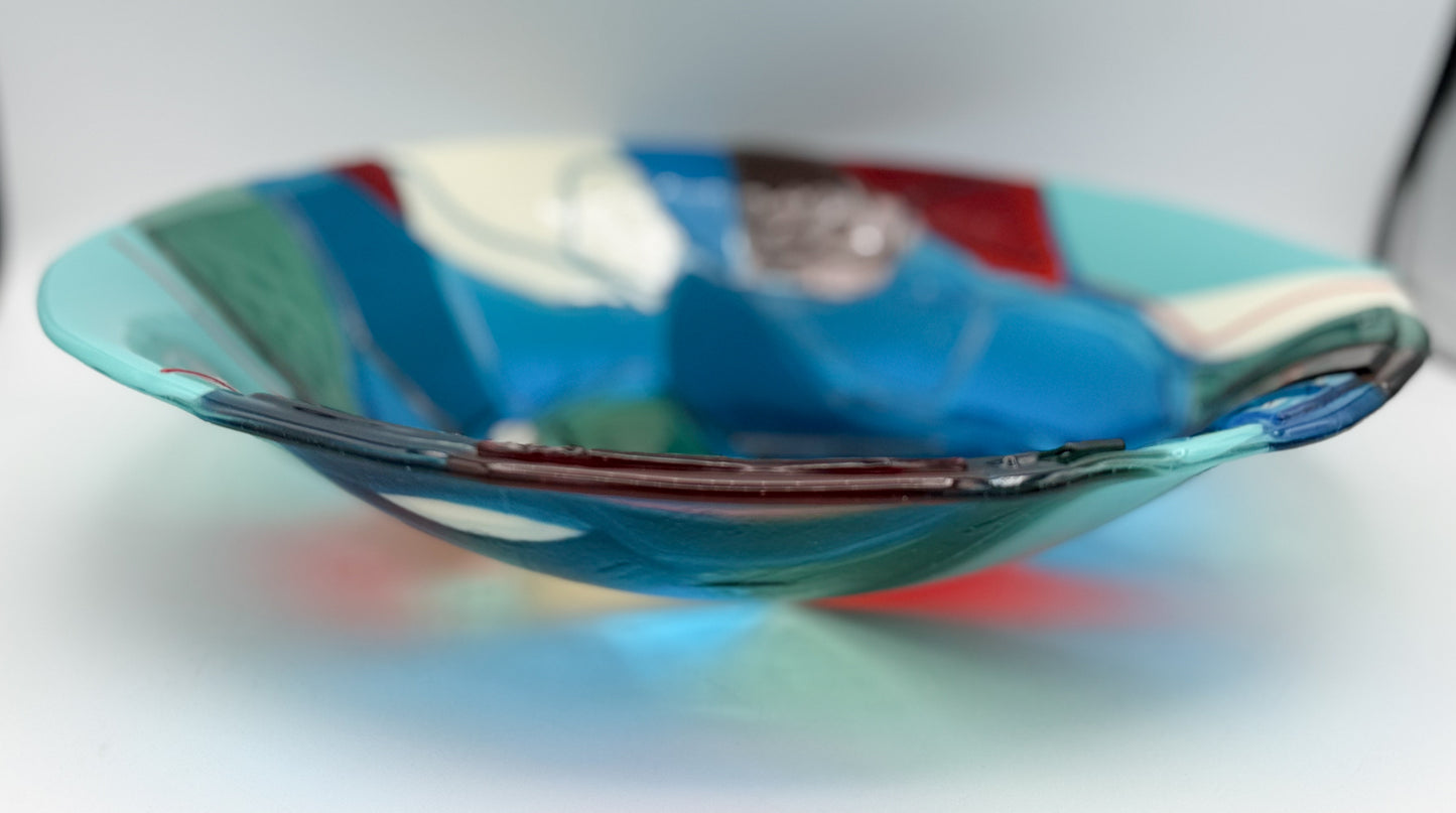 Abstract Fused Glass Bowl -Turquoise/Vermillion