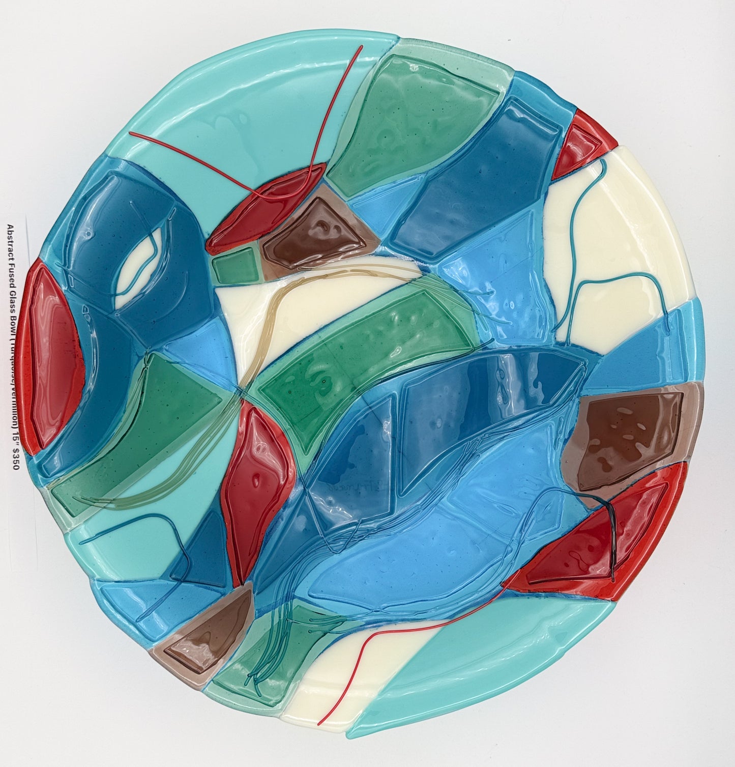 Abstract Fused Glass Bowl -Turquoise/Vermillion