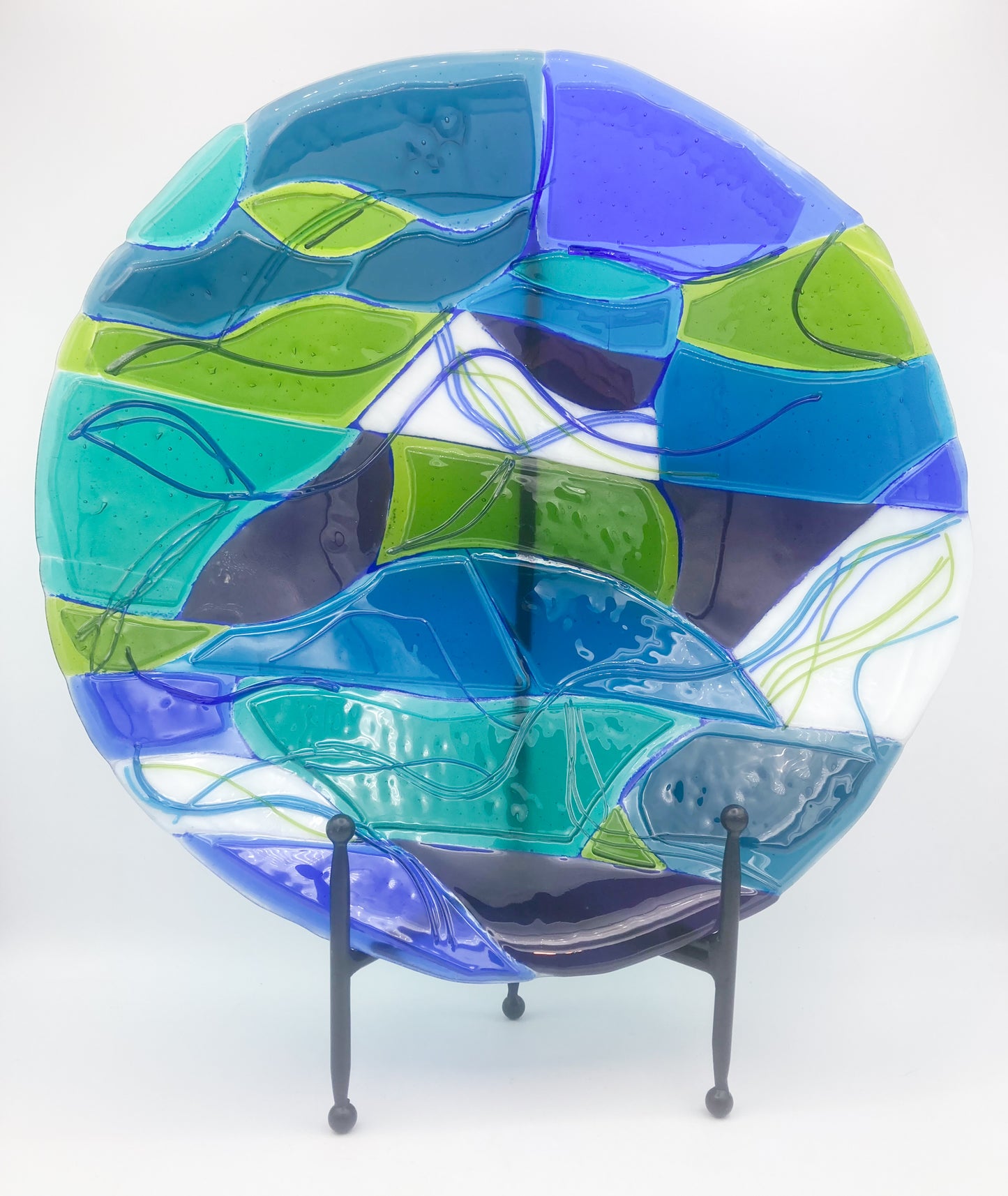 Abstract Fused Glass Bowl -Turquoise/Pear Green/ Violet