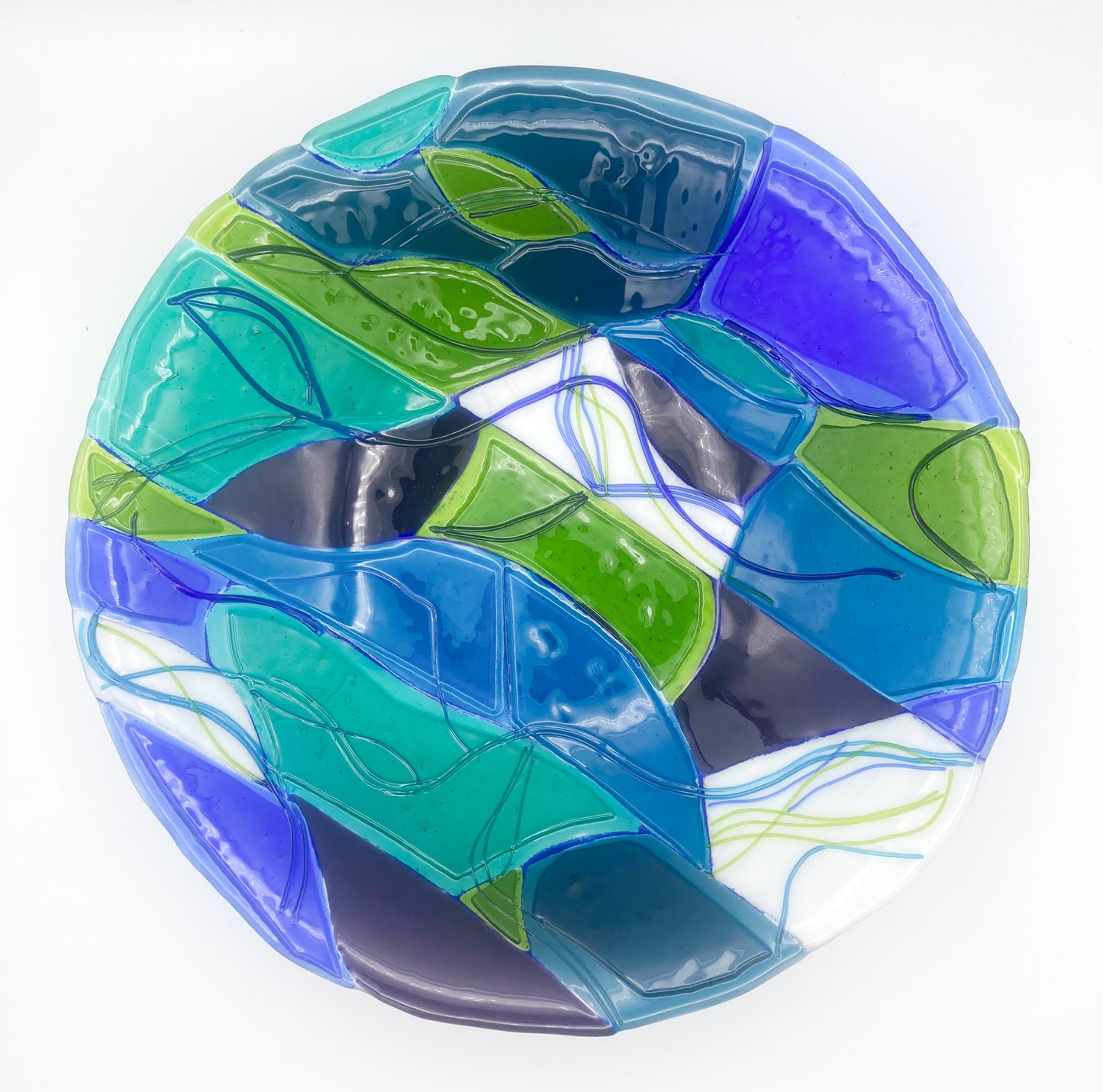 Abstract Fused Glass Bowl -Turquoise/Pear Green/ Violet