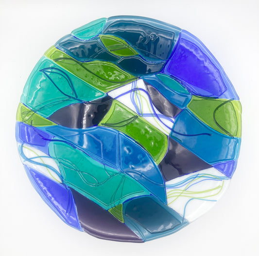 Abstract Fused Glass Bowl -Turquoise/Pear Green/ Violet