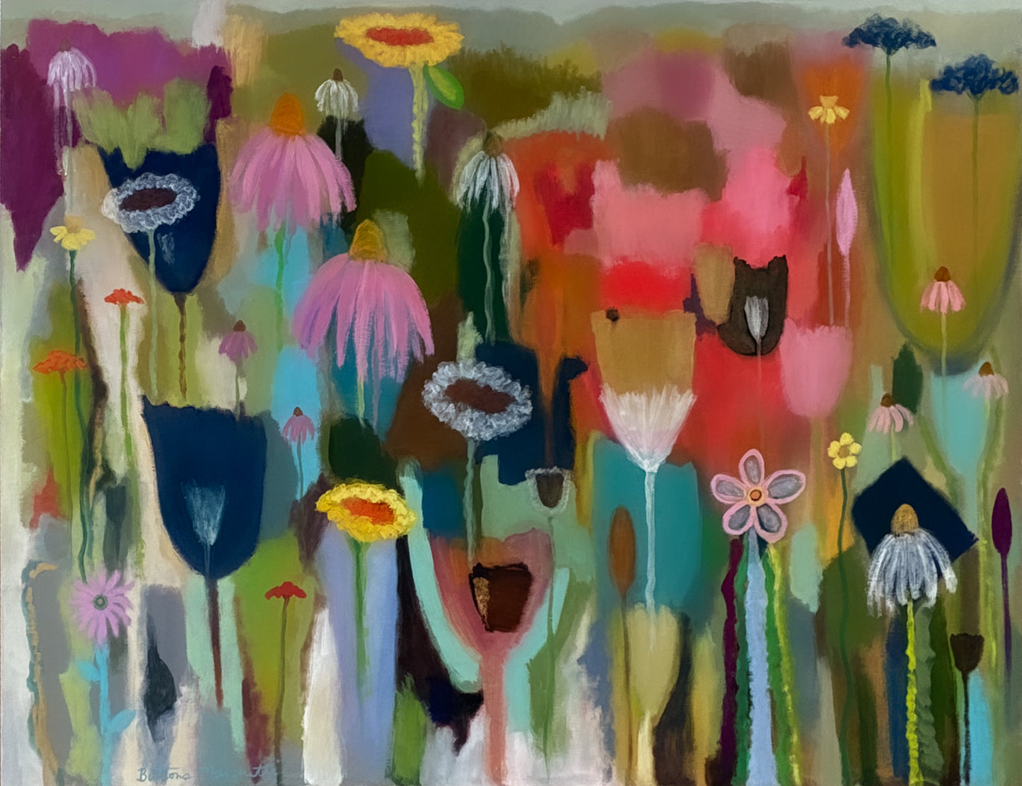 Red Tulips And Pink Coneflowers