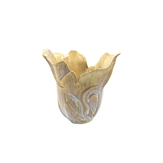 Honey Celadon Glaze Medium Carved Vase With Fluted Edge