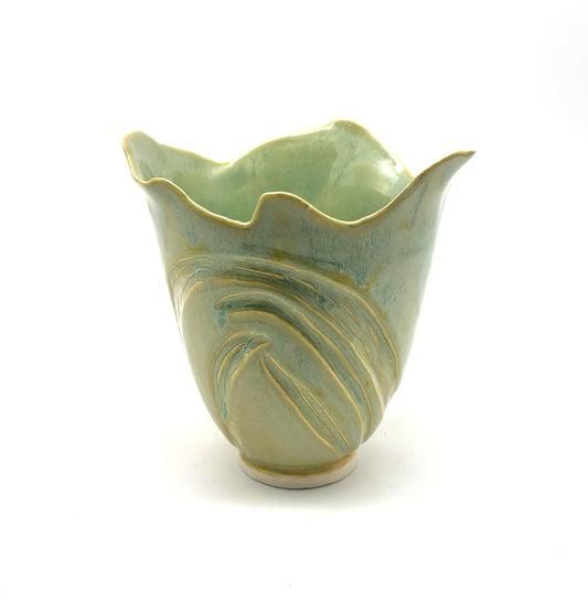 Light Green Carved Vase With Fluted Edge
