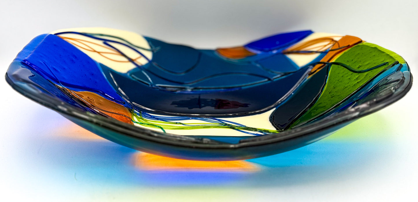 Abstract Fused Glass Tray -Turquoise/Amber/Ultramarine