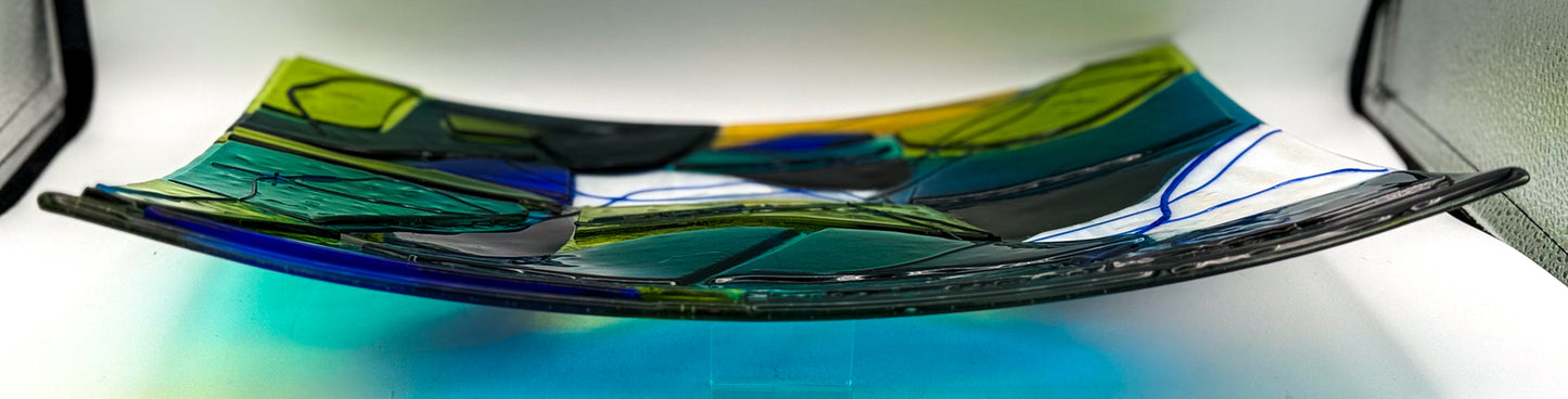 Abstract Fused Glass Tray -Turquoise/Chartreuse/ Violet