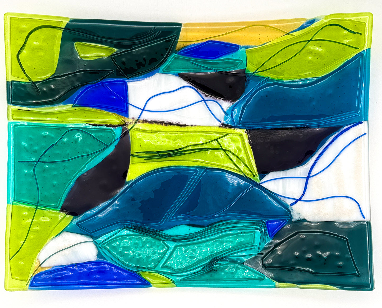 Abstract Fused Glass Tray -Turquoise/Chartreuse/ Violet