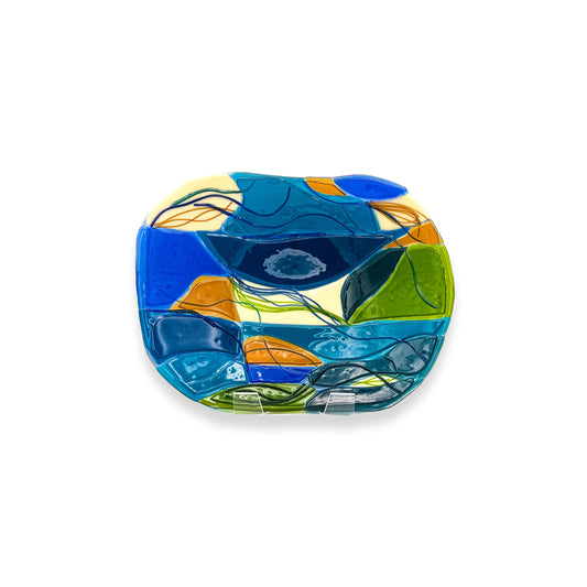 Abstract Fused Glass Tray -Turquoise/Amber/Ultramarine
